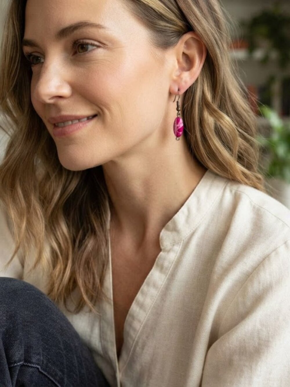 Nine West Vintage America Magenta Pink Marbled Bead Drop Earrings Brass Tone NWT